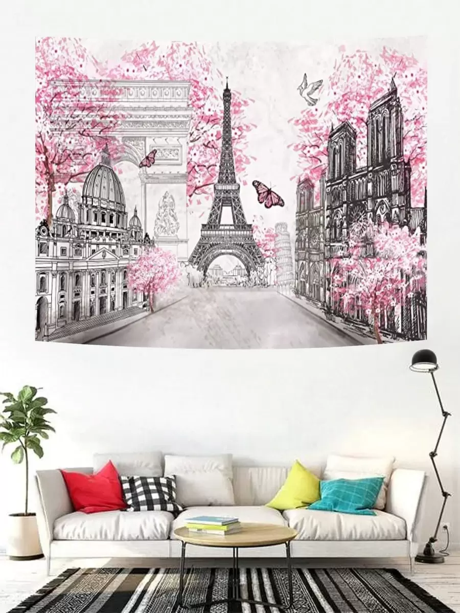 1入組蝴蝶和建築圖案掛毯現代織物掛毯海報壁掛適合臥室美學 - 彩色 - 查看 1