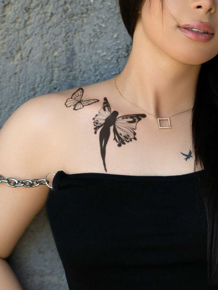 1sheet Butterfly & Elf Pattern Tattoo Sticker - Black - View 1