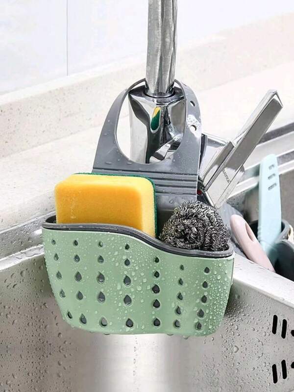 1pc TPR Sink Drain Storage Rack, Daily Green Hollow Out Portable Telescopic Sink Sponge Holder For Kitchen