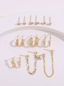 Set de 9 pares de aretes pequeños de aleación y aro para hombres y mujeres - Dorado - Ver 2