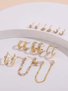 Set de 9 pares de aretes pequeños de aleación y aro para hombres y mujeres - Dorado - Ver 3