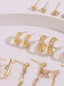 Set de 9 pares de aretes pequeños de aleación y aro para hombres y mujeres - Dorado - Ver 4
