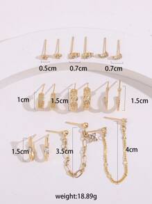 Set de 9 pares de aretes pequeños de aleación y aro para hombres y mujeres - Dorado - Ver 5