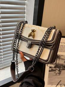 Small Flap Square Bag Letter Embroidered Metal Decor - White - View 6