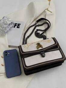 Small Flap Square Bag Letter Embroidered Metal Decor - White - View 7
