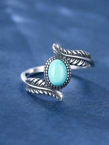 1pc Vintage Pure Silver Feather & Oval Turquoise Ring For Women's Date Gift - Antique Silver - View 10