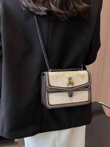 Small Flap Square Bag Letter Embroidered Metal Decor - White - View 4