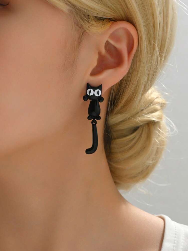 1pair Young Fashionable Black Cat Earring Jackets