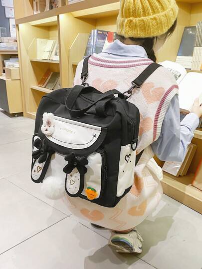 Medium Classic Backpack Colorblock Letter Embroidery With Badge