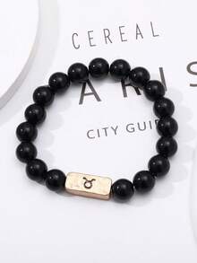 1入組復古極簡12星座細節幾何裝飾串珠手鏈適合男士適用於日常 - 黑色 - 查看 4