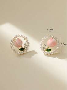 1pair Party Alloy Faux Pearl & Oil Drop Tulip Stud Earrings For Women Dating Gifts - Multicolor - View 3