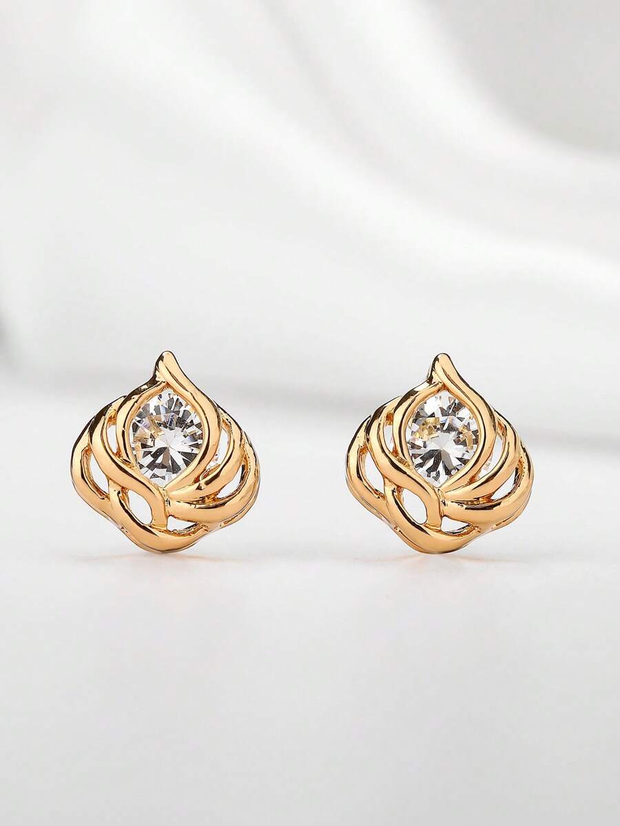 1對花卉設計時尚耳釘 - 金色 - 查看 1