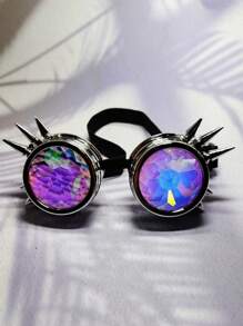 1pc Cyberpunk Style Steampunk Copper Rivet Design Kaleidoscope Multifaceted Prism Decorative Glasses, Perfect For Halloween, Cosplay Party, And Motorcycle Riding - Silver - View 3