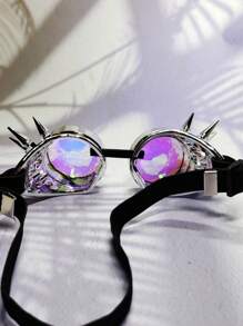 1pc Cyberpunk Style Steampunk Copper Rivet Design Kaleidoscope Multifaceted Prism Decorative Glasses, Perfect For Halloween, Cosplay Party, And Motorcycle Riding - Silver - View 5