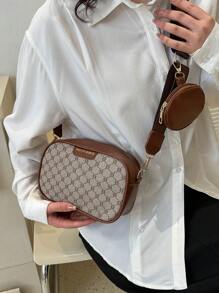 滿版圖案方包撞色帶零錢包適用於日常 - 彩色 - 查看 6