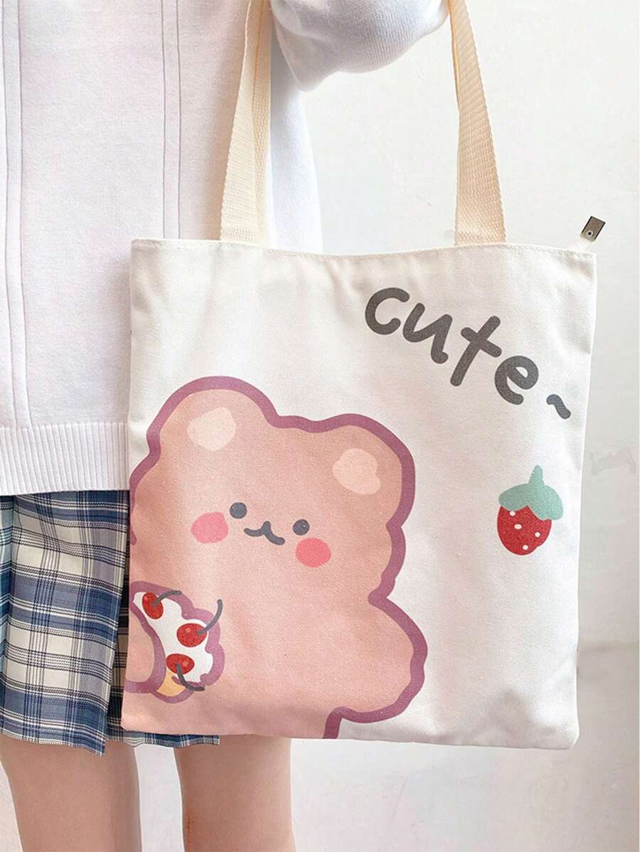 Bolso de lona con estampado de dibujos animados, bolso de hombro Kawaii, bolso de mano con diseño de dibujos animados lindos, casual, minimalista, estampado de animales, ligero, portátil, de gran capacidad para niñas, estudiantes universitarias, mujeres, para exteriores, viajes, salidas, compras, vacaciones, playa, mochila escolar, gran capacidad, casual clásico, plegable, portátil, lindo, adecuado para adolescentes, mujeres, estudiantes universitarias, perfecto para volver a la escuela, compras, escuela secundaria, universidad - Multicolor - Ver 1