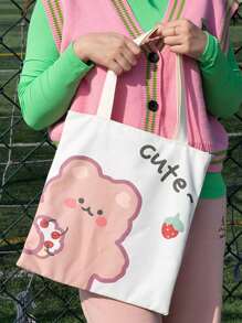 Bolso de lona con estampado de dibujos animados, bolso de hombro Kawaii, bolso de mano con diseño de dibujos animados lindos, casual, minimalista, estampado de animales, ligero, portátil, de gran capacidad para niñas, estudiantes universitarias, mujeres, para exteriores, viajes, salidas, compras, vacaciones, playa, mochila escolar, gran capacidad, casual clásico, plegable, portátil, lindo, adecuado para adolescentes, mujeres, estudiantes universitarias, perfecto para volver a la escuela, compras, escuela secundaria, universidad - Multicolor - Ver 3