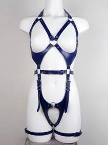 Ring Linked Harness Bodysuit With 1pair Leg Ring - Blue - View 2