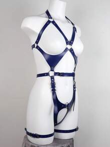 Ring Linked Harness Bodysuit With 1pair Leg Ring - Blue - View 4