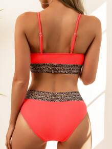SHEIN Swim Summer Beach Leopard Mesh Trim Bikini Set - Watermelon Pink - View 2