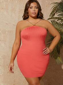 Plus O-ring & Chain Strap Halter Mini Dress - Watermelon Pink - View 3