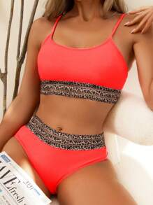 SHEIN Swim Summer Beach Leopard Mesh Trim Bikini Set - Watermelon Pink - View 8