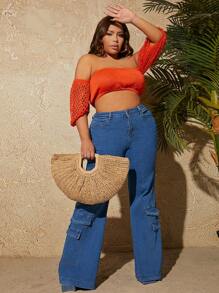 大碼高腰翻蓋細節牛仔喇叭褲 - 中等水洗藍 - 查看 4