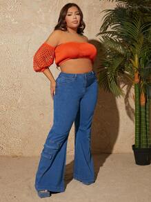 大碼高腰翻蓋細節牛仔喇叭褲 - 中等水洗藍 - 查看 1