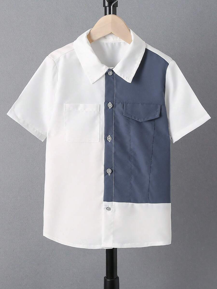 SHEIN Boys Two Tone Flap Pocket Shirt - Blue and White - View 1
