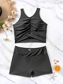 SHEIN Swim Ruched Front Shorts Tankini Summer Beach - Black - View 3