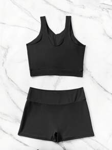 SHEIN Swim Ruched Front Shorts Tankini Summer Beach - Black - View 6