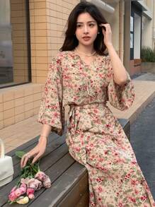 DAZY 滿版印花繫腰帶連衣裙 - 彩色 - 查看 4