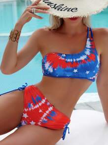 SHEIN Swim Summer Beach Tie Dye Drawstring USA Flag Print Side One Shoulder Bikini Set, 4th Of July - Multicolor - View 1
