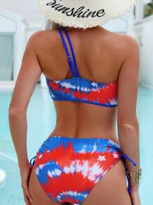 SHEIN Swim Summer Beach Tie Dye Drawstring USA Flag Print Side One Shoulder Bikini Set, 4th Of July - Multicolor - View 2