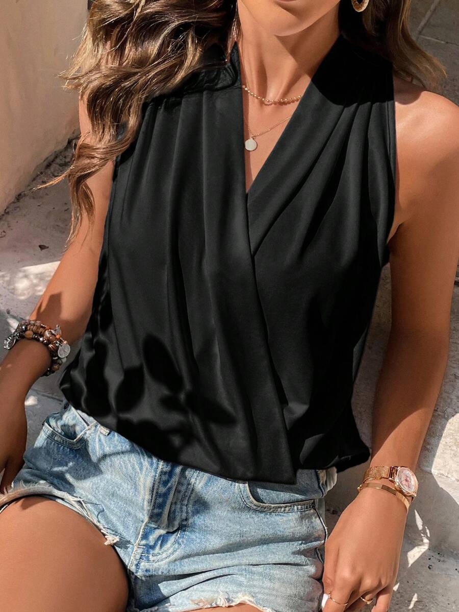 SHEIN Clasi 素色圍裹背心上衣 - 黑色 - 查看 1