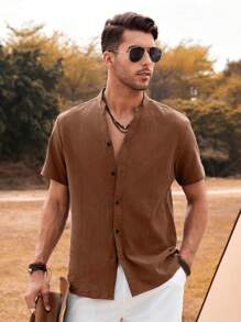 Manfinity Homme Men Cotton Solid Button Up Shirt - Khaki - View 3