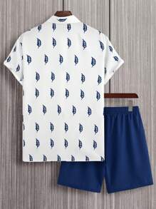 Manfinity RSRT Men Leaf Print Shirt & Drawstring Waist Shorts Set - Blue and White - View 2