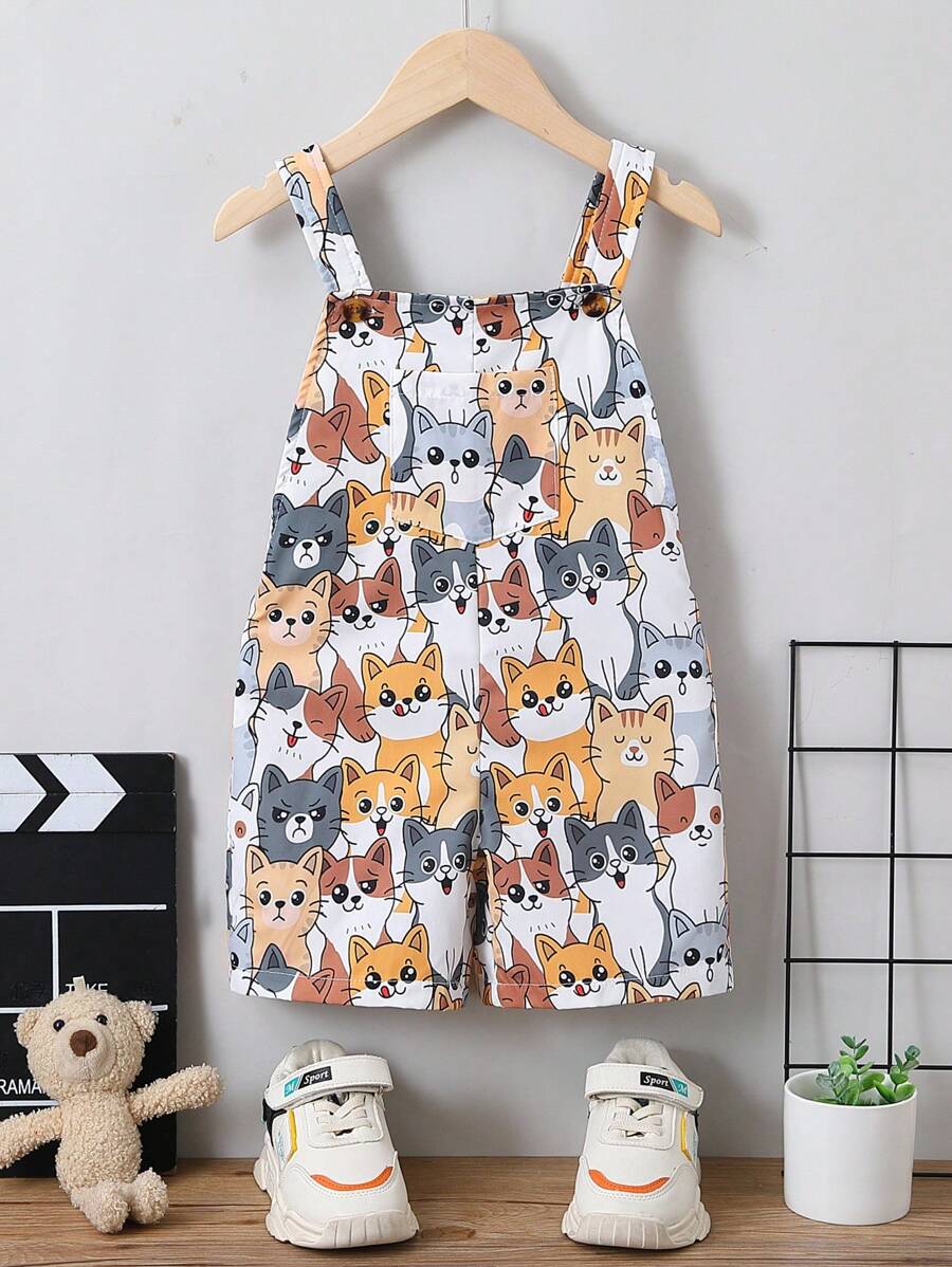 SHEIN 幼童卡通貓印花寬肩跳躍套裝，夏季款