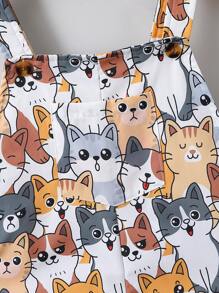 SHEIN 幼童卡通貓印花寬肩跳躍套裝，夏季款