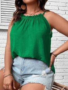 SHEIN Clasi Plus Solid Frill Trim Cami Top - Olive Green - View 5