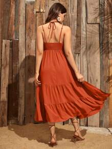 SHEIN Maternity Guipure Lace Insert Split Thigh Halter Dress - Burnt Orange - View 2