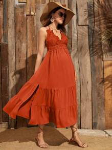 SHEIN Maternity Guipure Lace Insert Split Thigh Halter Dress - Burnt Orange - View 3