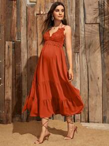 SHEIN Maternity Guipure Lace Insert Split Thigh Halter Dress - Burnt Orange - View 5