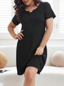 大碼缺口領條紋針織睡裙