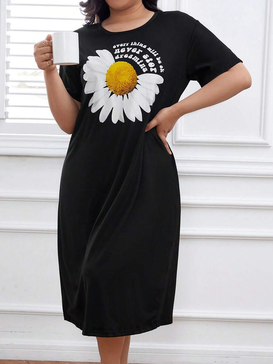 花卉和口号图案睡衣睡裙、长裙