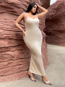 SHEIN SXY Đầm Plus Size màu trơn Thanh lịch - Màu be - Xem 4