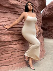 SHEIN SXY Đầm Plus Size màu trơn Thanh lịch - Màu be - Xem 5