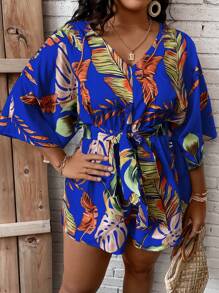 SHEIN Clasi Plus Tropical Print Belted Romper - Royal Blue - View 6