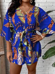 SHEIN Clasi Plus Tropical Print Belted Romper - Royal Blue - View 7