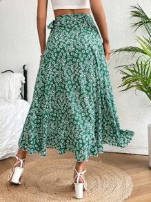 SHEIN VCAY Knut Krås Hem Omlott Blommig Boho Kjol - Grön - Visa 2